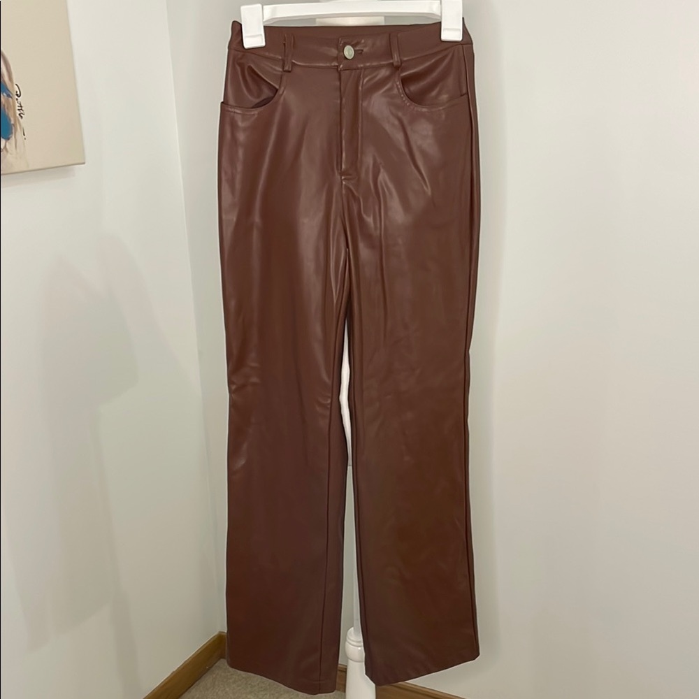 Princess Polly Tan Faux Leather Pants - Picture 1 of 4